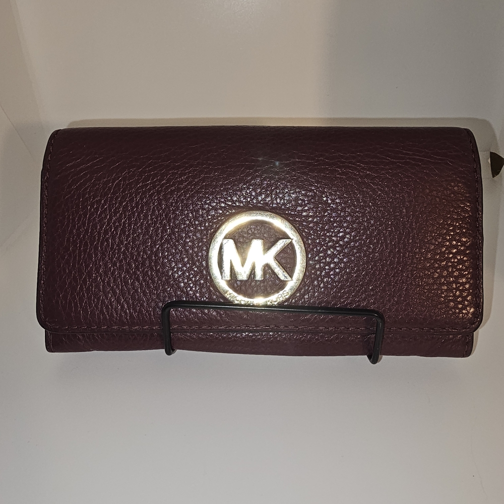 Michael Kors Burgundy Leather MK Logo Clutch Wallet